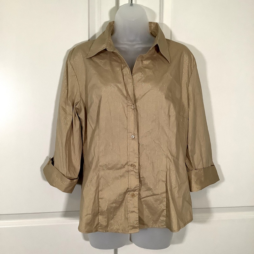 New York & Company Blouse Women's Size XL Stretch Cotton Blend Gold Striped